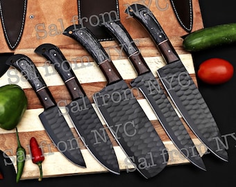 Handmade Chef Knife Set, 5Pcs Hand Forged Damascus Knives, Wooden Handle, Kitchen Gift for Dad, Premium Cooking Knife Roll