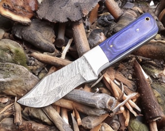 Hand Forged Damascus Steel Hunting Knife, Maple Wood Handle, Leather Sheath