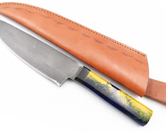 Handgjord kökskniv, Santokukniv, Japansk kniv, Gyutokockkniv, Med läderslida