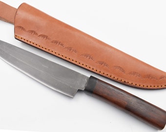 San Mai Carbon Steel Chef Knife Rosewood Handle, Professional Handmade Kitchen  Knife With Leather Sheath