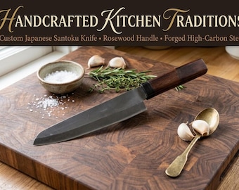 May include: A Japanese Santoku knife with a dark rosewood handle and a forged high-carbon steel blade. The text reads Handcrafted Kitchen Traditions, Custom Japanese Santoku Knife, Rosewood Handle, Forged High-Carbon Steel.