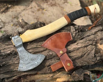 Damascus Steel Viking Axe PERSONALIZED engraved Hatchet with Leather Sheath