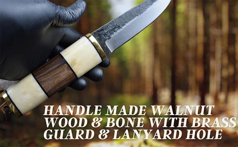 May include: A handcrafted knife with a walnut wood and bone handle, brass guard, and lanyard hole. The blade is made of steel. The text on the image reads: HANDLE MADE WALNUT WOOD & BONE WITH BRASS GUARD & LANYARD HOLE.