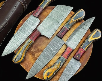 Damascus Chef Set, Hand Forged Kitchen Knife Set, Handmade Cooking and BBQ Knife Set, Gift  For MEN