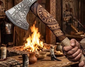 Custom Viking Axe, Personalized Engraved Bearded Axe, Hand Forged Carbon Steel Hatchet with Sheath, Viking Gift for Him, Norse Gift
