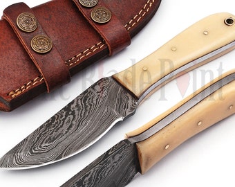Forged Damascus Steel Knife, Handmade Hunting knife with Bone Handle and Leather Sheath, Best GIFT FOR HIM, Camping Damascus Knife