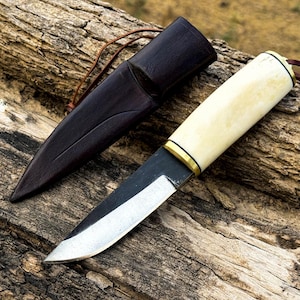 Handmade Puukko knife with high carbon steel and bone handle with leather sheath