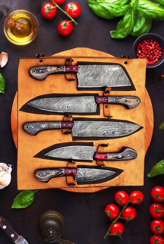 Hand Forged Damascus Steel Chef Knife Set, Kitchen Knives | Chef Knive Set, Handmade 5 Pcs Luxury Damasuc Knife Gift for him, Gifts for her