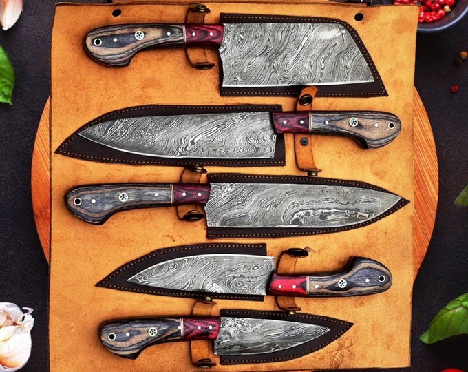 Hand Forged Damascus Steel Chef Knife Set, Kitchen Knives | Chef Knive Set, Handmade 5 Pcs Luxury Damasuc Knife Gift for him, Gifts for her