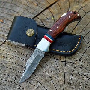 Damascus Hand Made Folding Pocket Knife with Wood Handle, Premium Damascus Knife for Groomsmen, Anniversary, Birthday, Father’s Day Gift