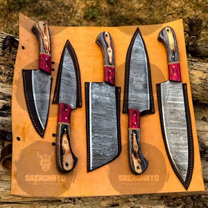 5Pice Forged Damascus Steel Kitchen Knife Chef set BEST GIFT for Christmas