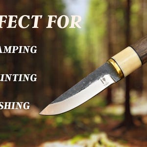 May include: A handcrafted knife with a wooden and bone handle, brass accents, and a leather lanyard. The blade is silver with a dark finish. Text on the image says "PERFECT FOR" and lists camping, hunting, and fishing.