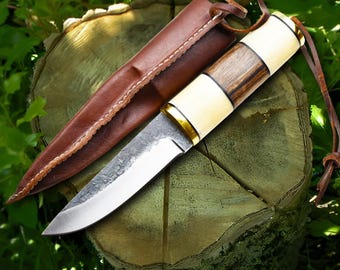 Viking knife Handmade High Carbon Steel Puukko Knife Walnut Wood and Bone Handle - Comes with a Handmade Cowhide Leather Sheath