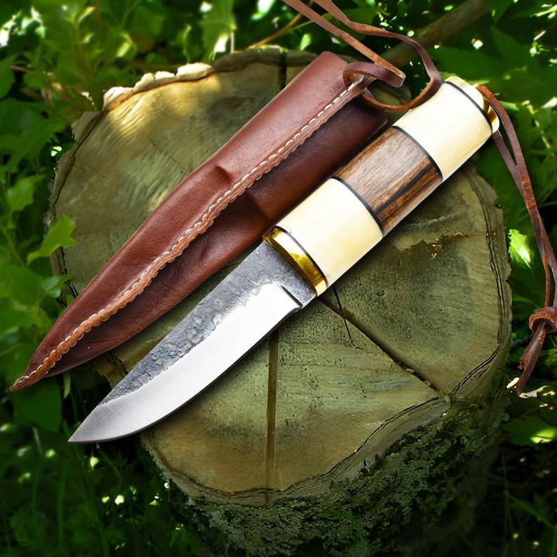 Viking knife Handmade High Carbon Steel Puukko Knife Walnut Wood and Bone Handle - Comes with a Handmade Cowhide Leather Sheath