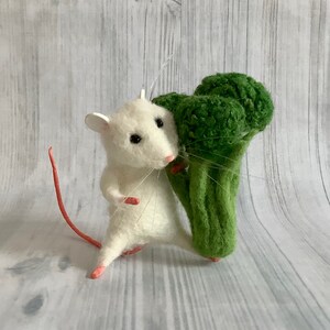 Needle Felted Mouse Ornament Hanging Broccoli Vegetable Felted Food ‘Mice with Munchies’ Collection