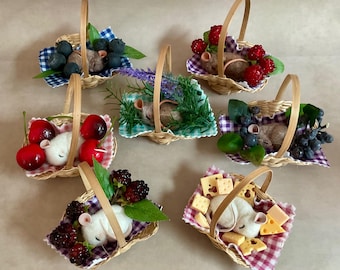 Needle Felted Sleeping Mouse Ornament, Wicker Basket with Berries