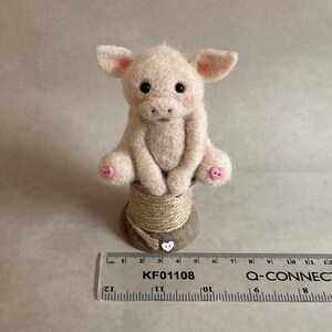 May include: A light pink felt piglet figurine with black eyes and pink accents. The piglet sits on a twine-wrapped spool, with a heart-shaped button. A ruler with the text "KF01108" is in the foreground.