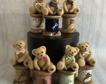Needle Felted Teddy Bear on Wooden Cotton Reel, Bobbin Bears, Teddy Ornament, Mother’s Day Gift, Cute Birthday Gift, Sewing Room