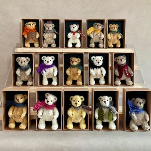 May include: A selection of miniature teddy bears, each presented in its own wooden box. The bears are in various colours, some adorned with scarves, waistcoats, and other embellishments. The display is tiered, highlighting the diversity of the collection.