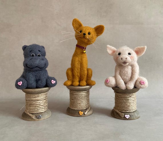 Needle Felted Hippo, Cat, Pig Ornament, Cotton Reel, Sewing Room, Spool
