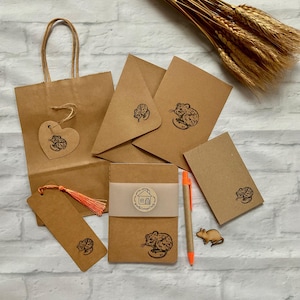 Hand Stamped Mouse Stationery Gift Set, Eco Friendly Kraft Paper