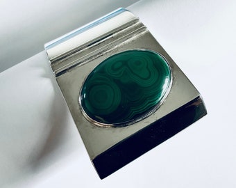 Vintage Lars Estberger Heavy Sterling Silver Malachite Bracelet 1997 Stockholm