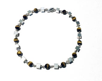 Vintage Arvo Saarela Solid Silver Cubes And Tiger Eye Beads Necklace 1963 Sweden