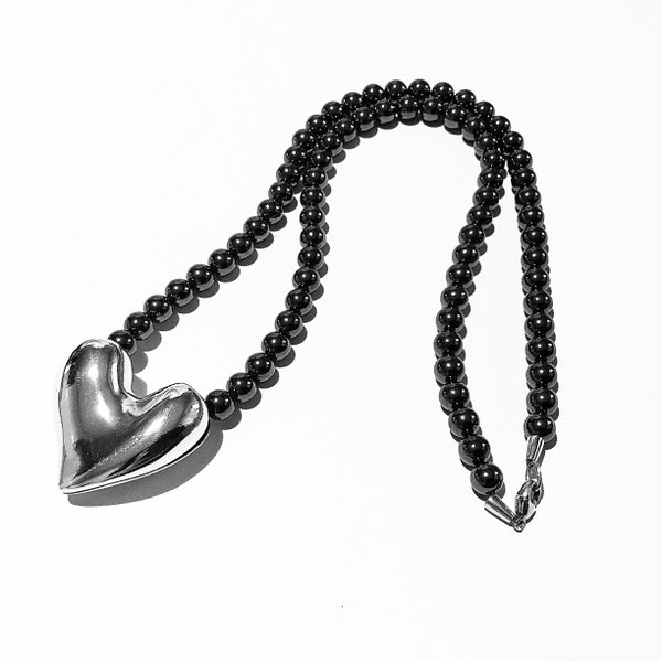Designed By Allan Schaff For Georg Jensen Sterling Silver Large Heart Pendant On Hematite Beads Necklace 1980s Denmark