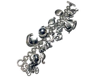 Super Rare Just Andersen Sterling Silver Charm Bracelet With Five Georg Jensen And Fourteen Just Andersen Silver Charms 1950s Denmark