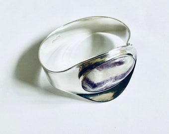 Original Vintage Handcrafted Heavy Silver Bracelet With Large Cabochon Cut Amethyst 1965 Stockholm Sweden