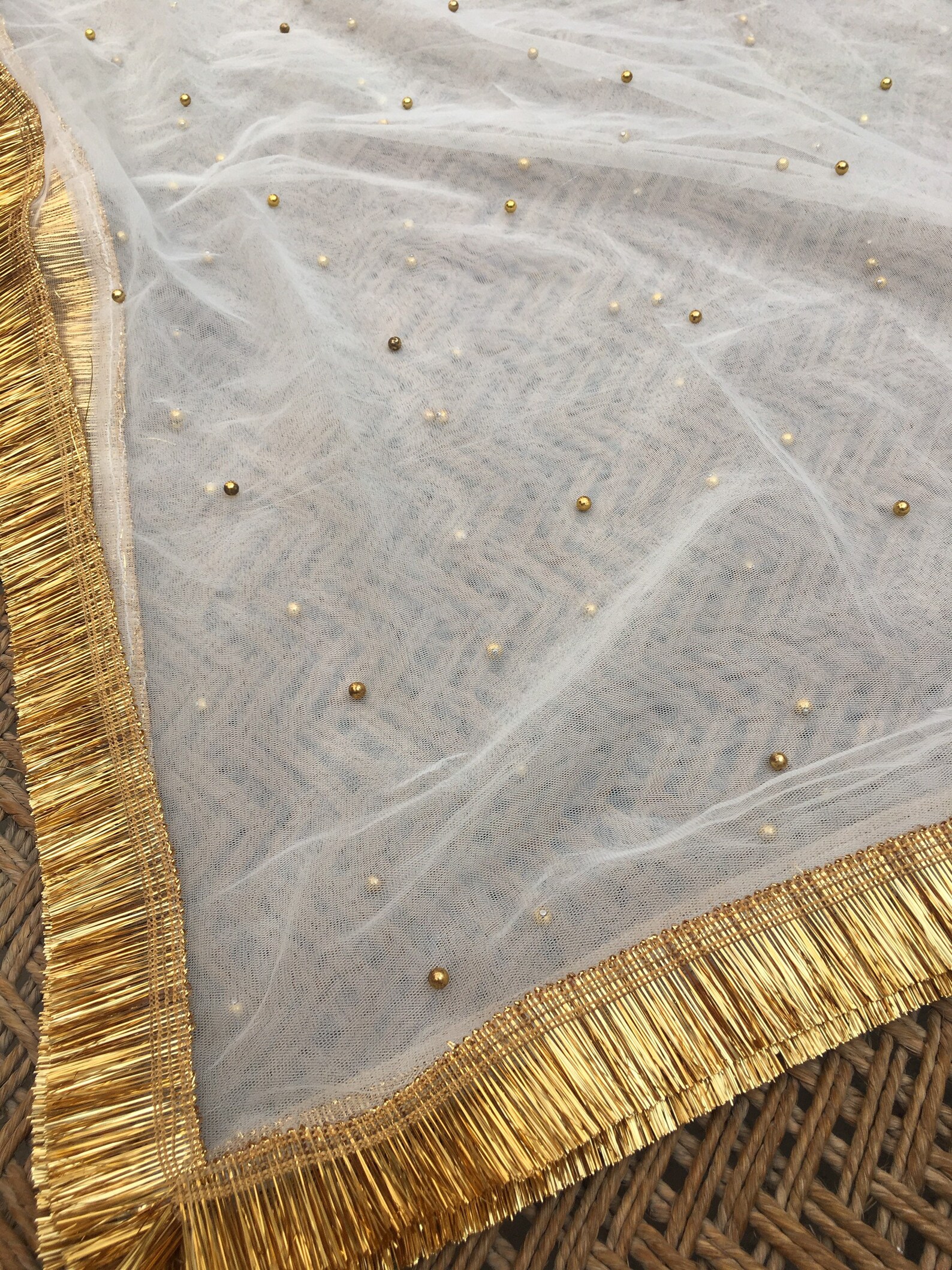White/offwhite Net Dupatta With Golden Fringe Border and Golden Beads