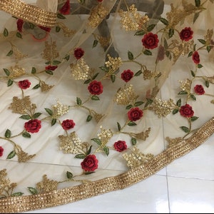 Gold-Red Embroidered Net Dupatta | Party-Wear Dupatta | Wedding Veil | Net Dupatta