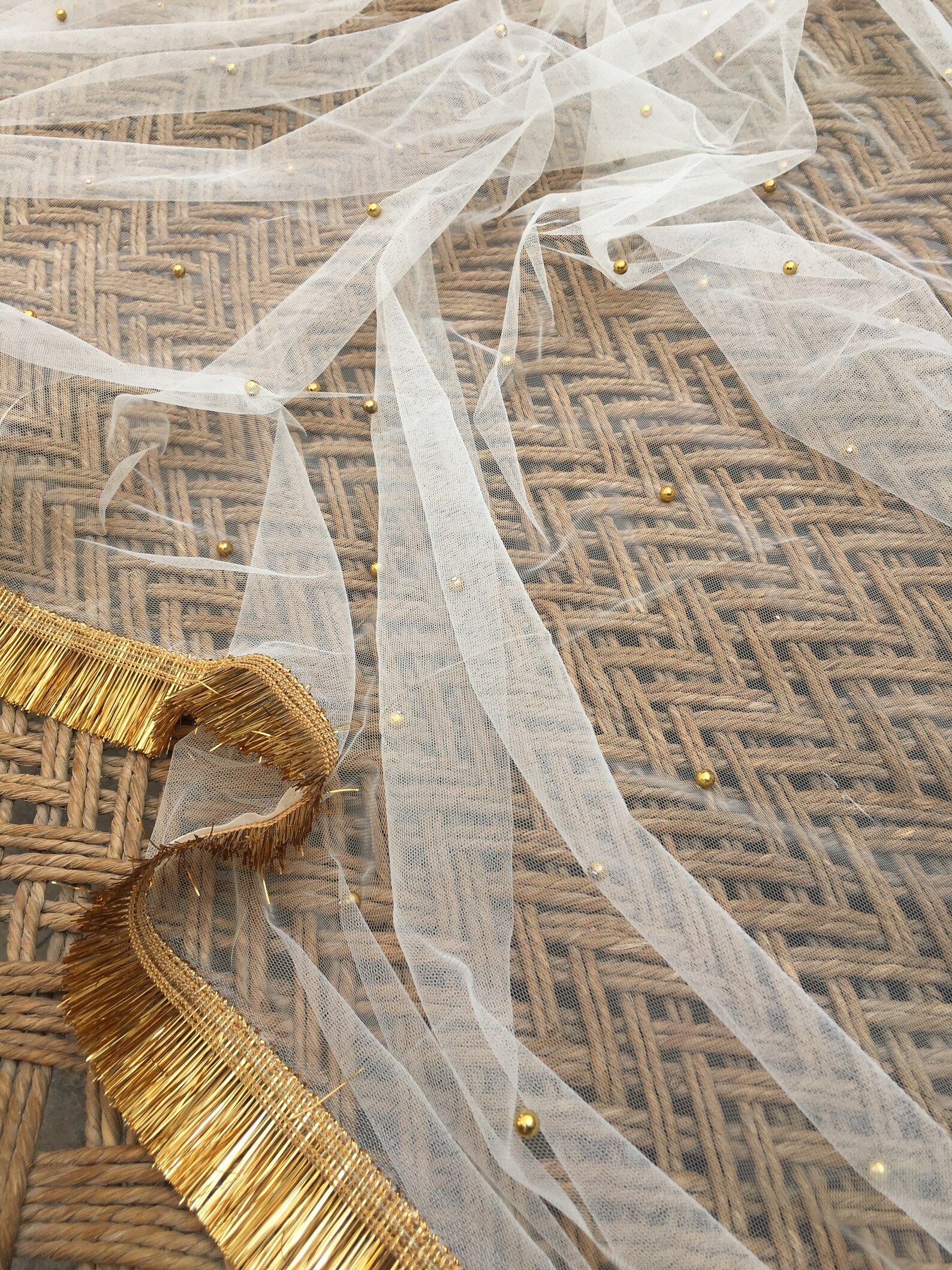 White/offwhite Net Dupatta With Golden Fringe Border and Golden Beads