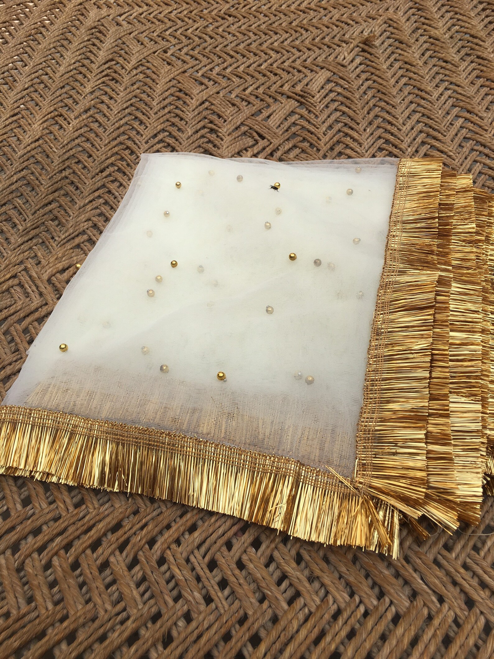 White/offwhite Net Dupatta With Golden Fringe Border and Golden Beads