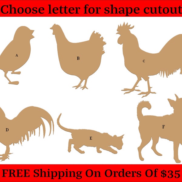 Baby Chic, Cat, Rooster, Dog, Hen, Rooster Unfinished Wood Cutouts Shapes Large & Small Sizes
