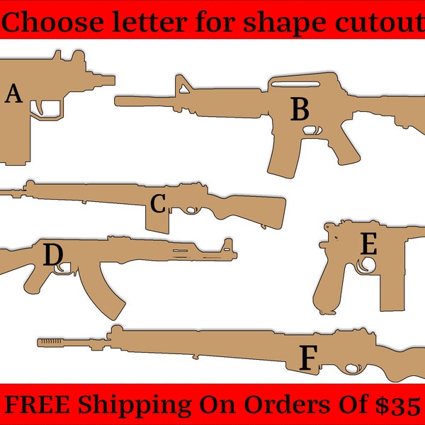 Gun Rifle Pistol Shotgun Themed Wood Cutout Shapes And Silhouettes - Large, Medium, or Small Sizes