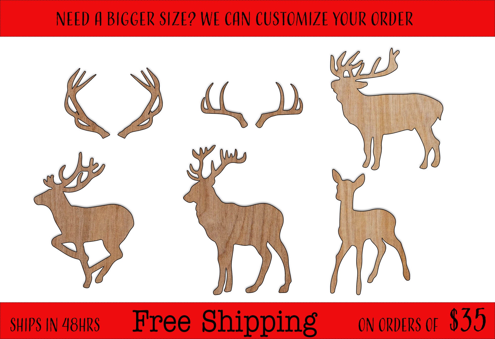 Antler Wood Cutouts, DIY Craft Shapes, Unfinished Wood Blanks