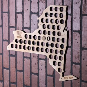 New York Beer Bottle Cap Map – Made Of Birch Wood – Custom Engraving – Made In USA