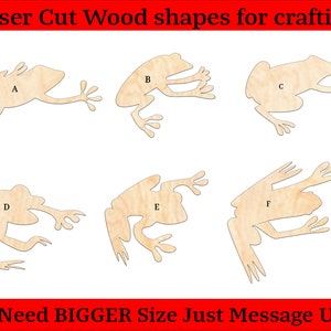 Puede incluir: Seis formas de rana de madera cortadas con láser en varias poses. Las formas están etiquetadas con las letras A a F.