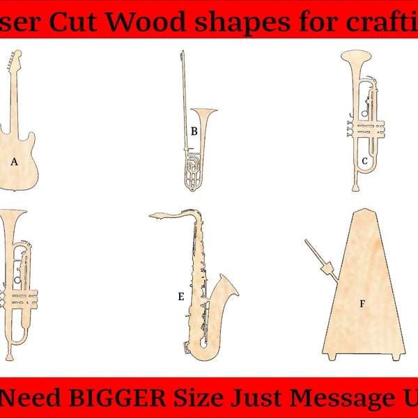 Musical Instruments Metronome Electric Guitar Saxophone Wood Cutout Shapes And Silhouettes - Large, Medium, or Small Sizes
