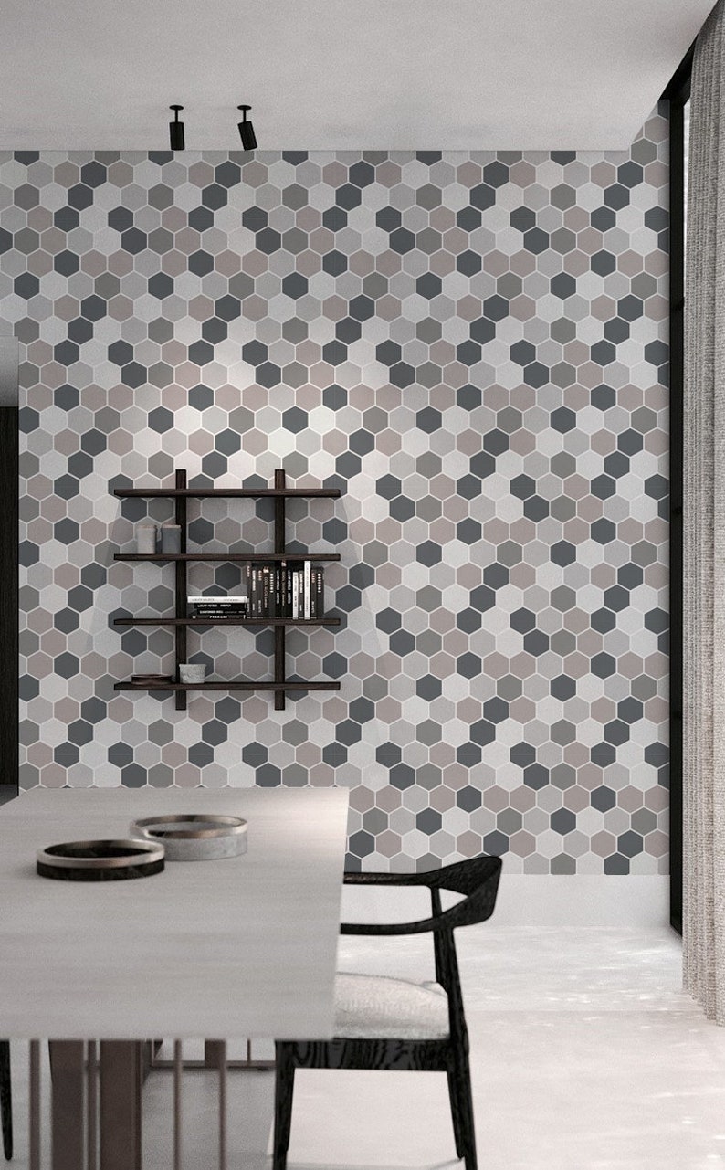 Removable Vinyl Wallpaper Grey hexagon wallpaper Wall Mural #60W Self-Adhesive Hexa in Smoke