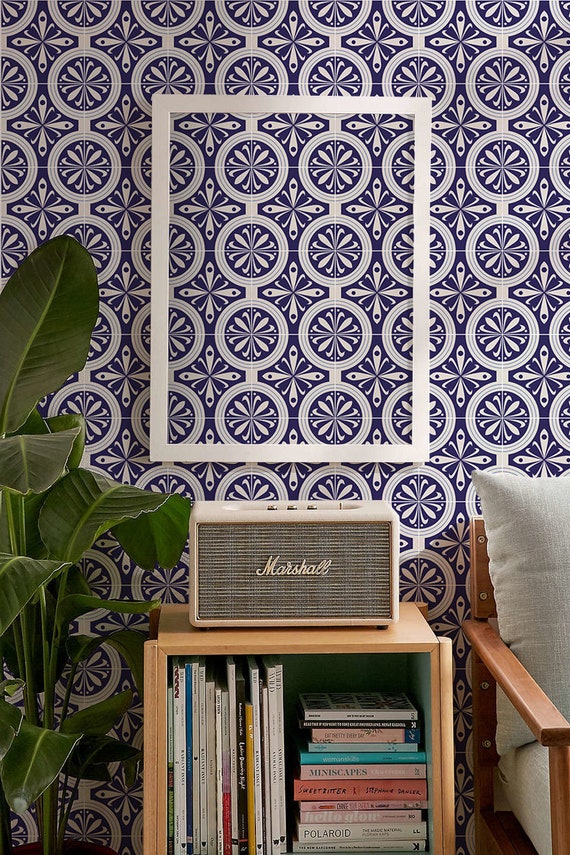 Blue Greek Ethnic Wallpaper Reusable Eclectic Wallpaper Etsy