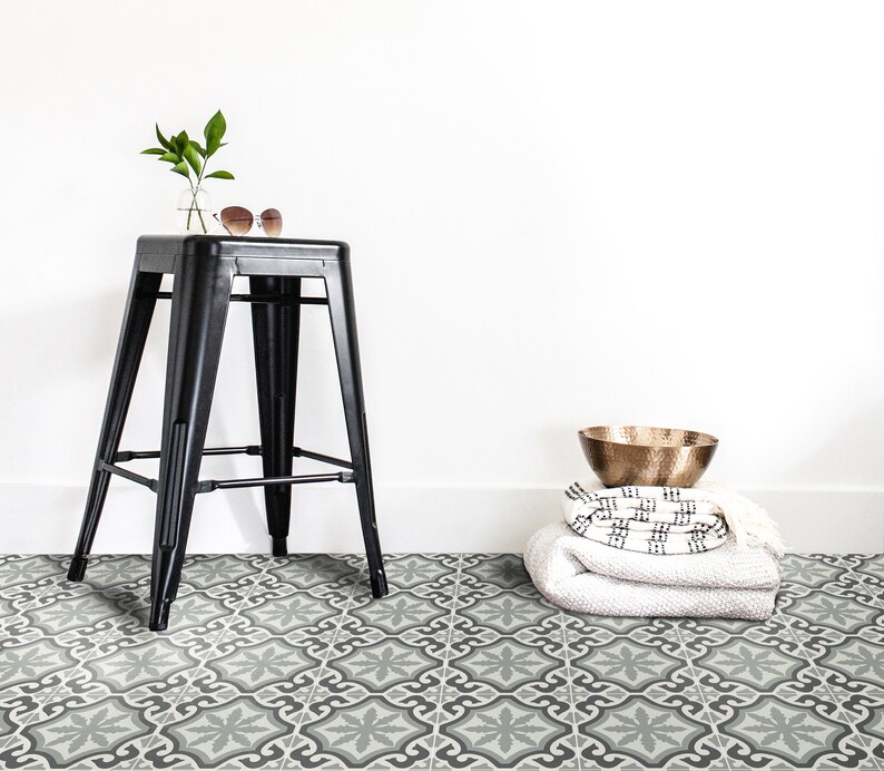 Green and grey damask tile vinyl floor decal Grey Pattern Etsy