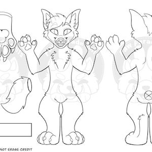 May include: Line art of a cartoon canine character in a standing pose, with separate paw and tail designs. The character is shown from the front and back, with a smiling expression and outstretched arms.