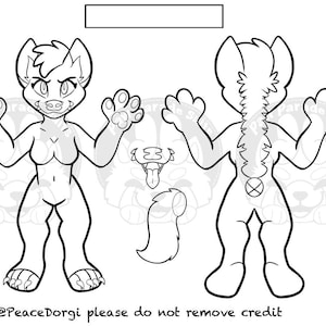 May include: Line art of a furry character base, showing front and back views. The character has a fox-like appearance with large ears, paws, and a tail. Includes separate elements for the tongue and tail. Text at the bottom reads "Base by: @PeaceDorgi please do not remove credit."