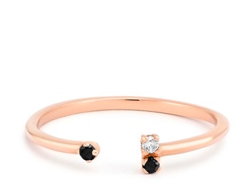 Open Diamond Ring, Open Cuff Ring With White and Black Diamonds