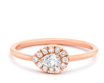 Pear Halo Ring, 14k Gold, Delicate Engagement Ring by Eloise Fine Jewelry