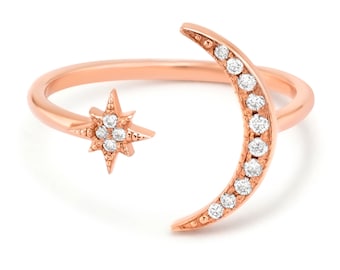 Moon and Star Shaped Ring / 14K Gold Star Shaped Ring / Moon Shaped Ring / Diamond Ring / Eloise Fine Jewelry / Promise Ring / Gift for Her