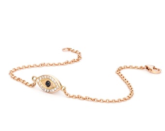 14k Rose Gold and Genuine Black Diamond & White Diamond Evil Eye Dainty Delicate Bezel Set Evil Eye  Chain Bracelet Evil eye Shape