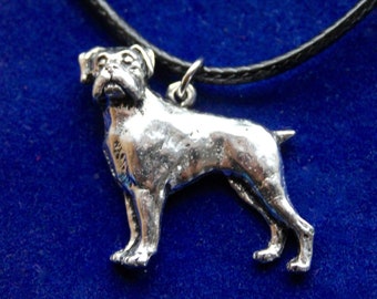 Puede incluir: Colgante plateado con la figura de un perro Boxer. El perro está de pie, con detalles precisos. El colgante cuelga de un cordón negro sobre un fondo azul oscuro.